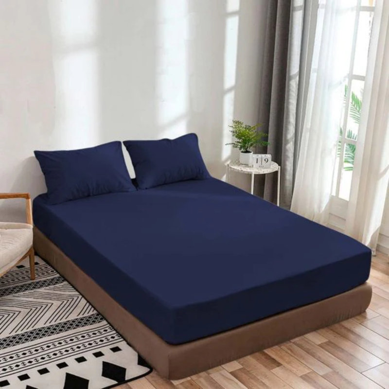 400TC Sateen Solid Cotton Fitted Sheet Fits Upto 10" Deep Pocket, Queen Fitted Sheet, Navy Blue