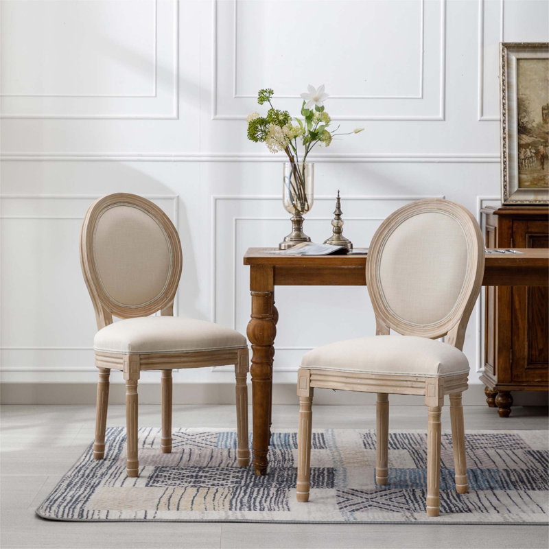 Chaise de salle à manger style français à structure ovale en bois massif avec dossier en lin et tissu, ensemble de 2