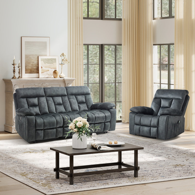 Kyrene 2-Piece Modern Reclining Living Room Set With Oversize Power Lift Assist Chair & Manual Sofa, Microfibre gris foncé