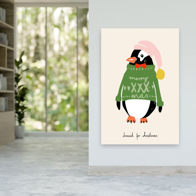 Penguin Dressed For Christmas Whimsical Contemporary Bird Penguin Winter Wall Art Print 1 Piece Wrapped Canvas Wall Art