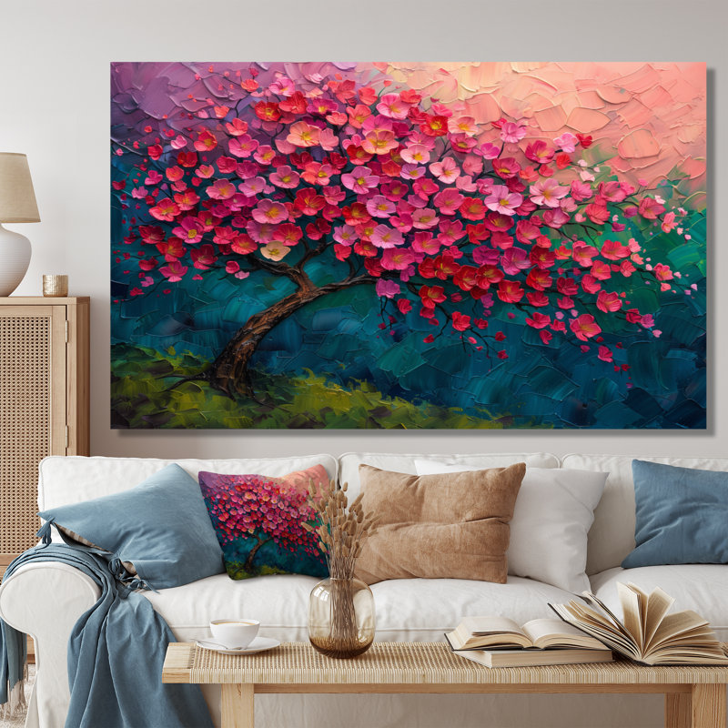 Arbre de vie rose rose et bleu vibrant - art mural cerisier en fleurs, Toile tendue, H 12 po x l 20 po