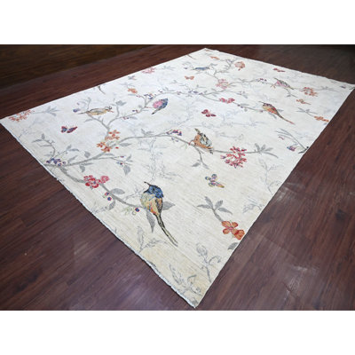 Tapis en mousseline blanche 10 pi 3 po x 14 pi 7 po, moineaux sur l'arbre, Peshawar, laine de haute montagne, finement noué à la main, doux au toucher, tapis oriental