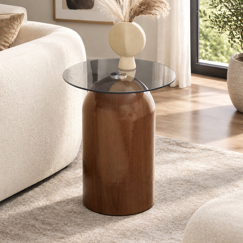 Table basse ronde en verre trempé avec piètement cylindrique