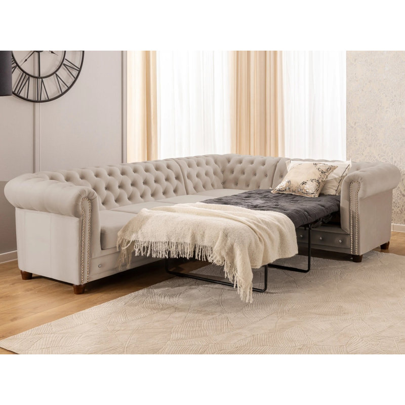 Chesterfield Corner Sofa L-Shape with Sleeping Function Cleo Blink in Velvet with Crystal Tufting, Right-Hand Facing, Beige