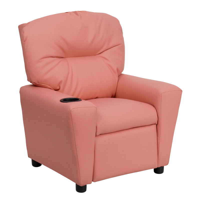 Contemporary Kids Recliner with Cup Holder, Vinyl - Pink