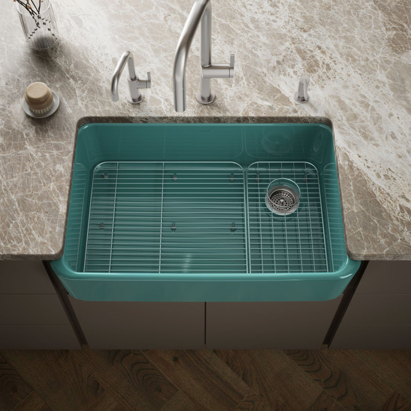 Ironridge 34" Undermount Single-Bowl Farmhouse Cast Iron Kitchen Sink with Apron Front, Teal