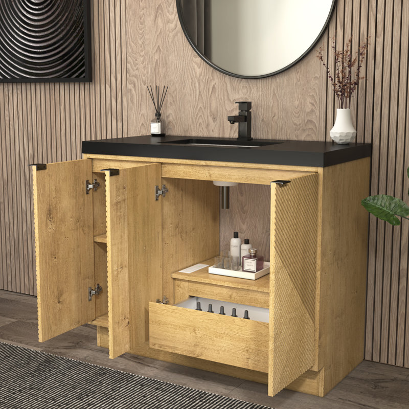 Monterey 41.7" Freestanding Bathroom Vanity + Reinforced Black Acrylic Sink (Right Side Doors), Oak