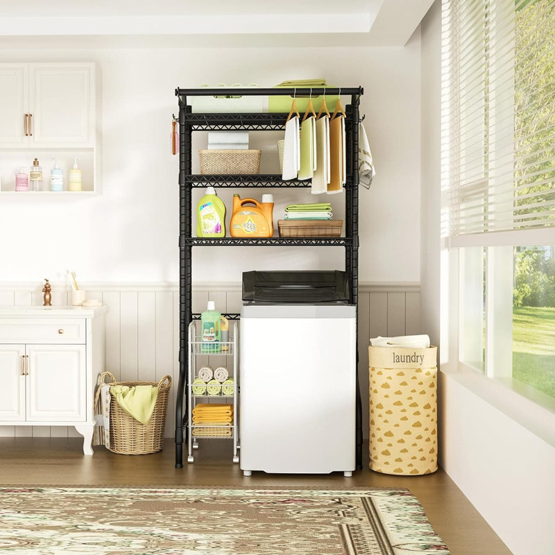 U11 3-tier Laundry Room Storage Shelf With Drying Rack, Freestanding Over Washer And Dryer Organizer With Adjustable Wire Shelves And Safety Lock, Heavy-duty Metal Construction