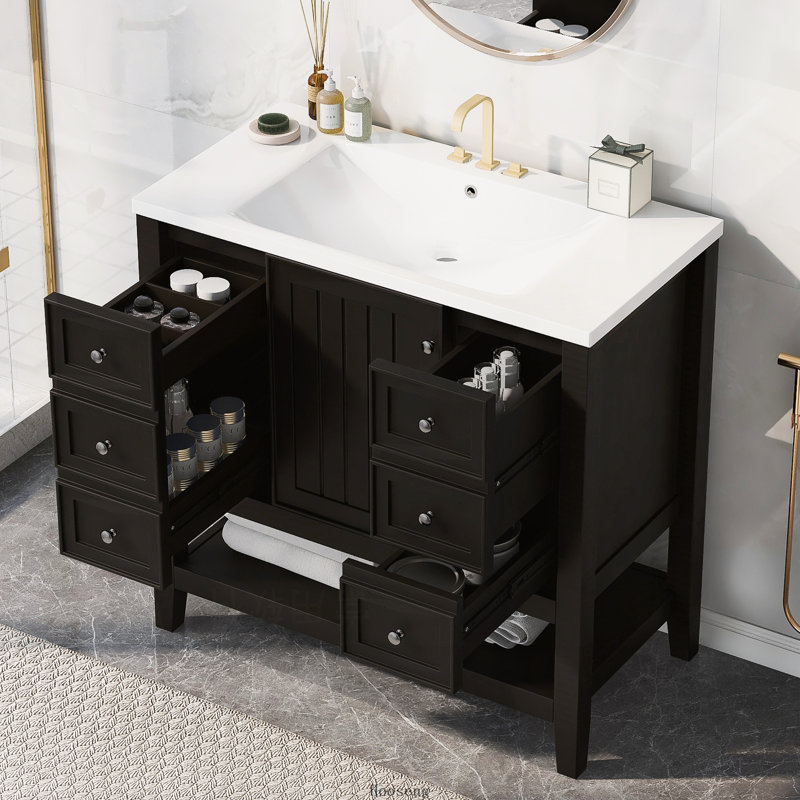 Ensemble de meuble-lavabo autoportant 36 po avec évier, armoire en bois massif et panneau de fibres à densité moyenne avec 1 compartiment d'armoire et 3 tiroirs, noir