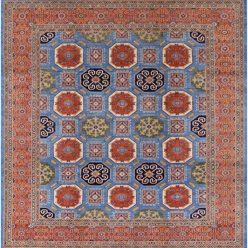 Tapis géométrique orange / bleu / vert, Carré 5 pi