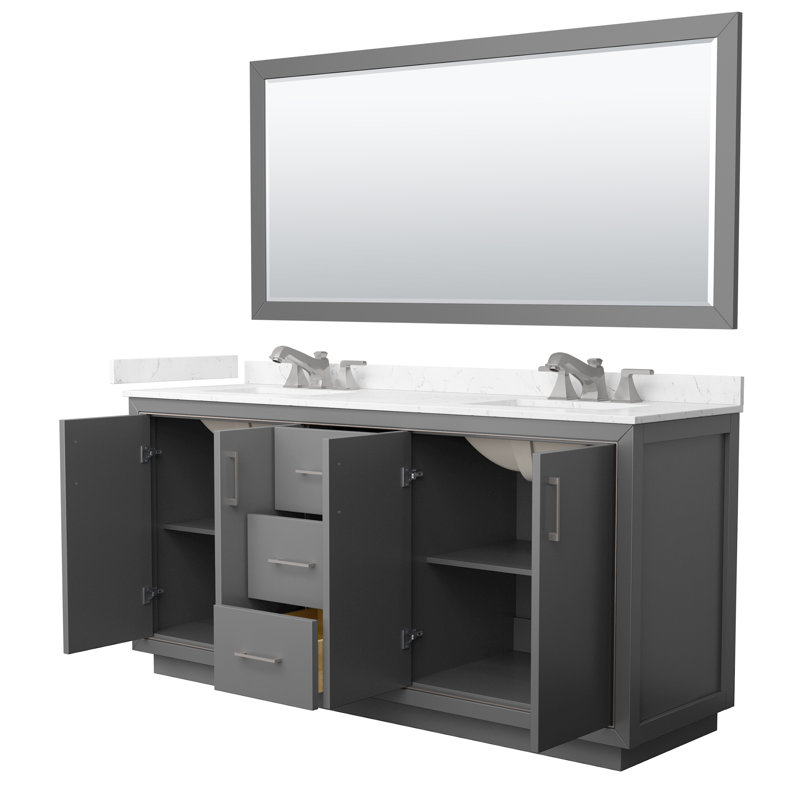 Icon 72" Freestanding Double Bathroom Vanity with Cultured Marble Top, Gray, Brushed Nickel