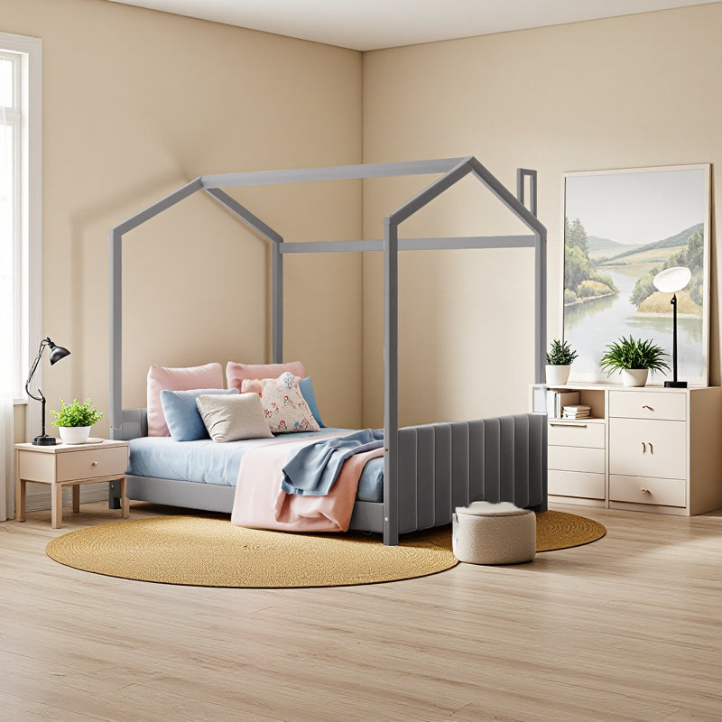 Lit en bois Velvet House, gris, Lit double