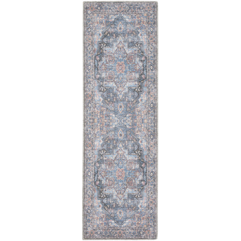 Medallion Machine Washable Polyester Area Rug in Light Blue/Orange/Gray, Runner 2'2" x 8'