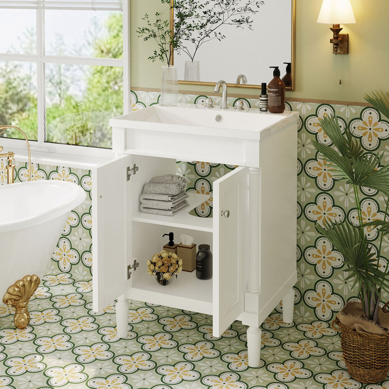 Meuble-lavabo avec lavabo pour la salle de bain, Blanc, Argent