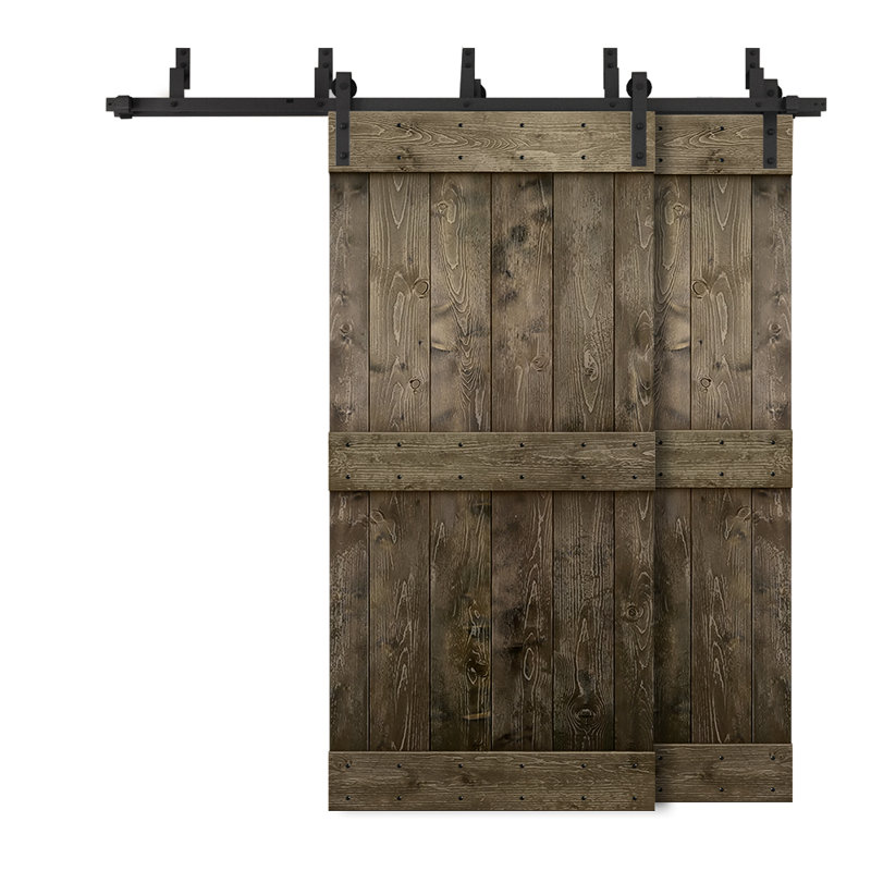 Porte de grange double à panneaux en bois teinté à panneau Mid-Bar, 80 po x 84 po, Espresso
