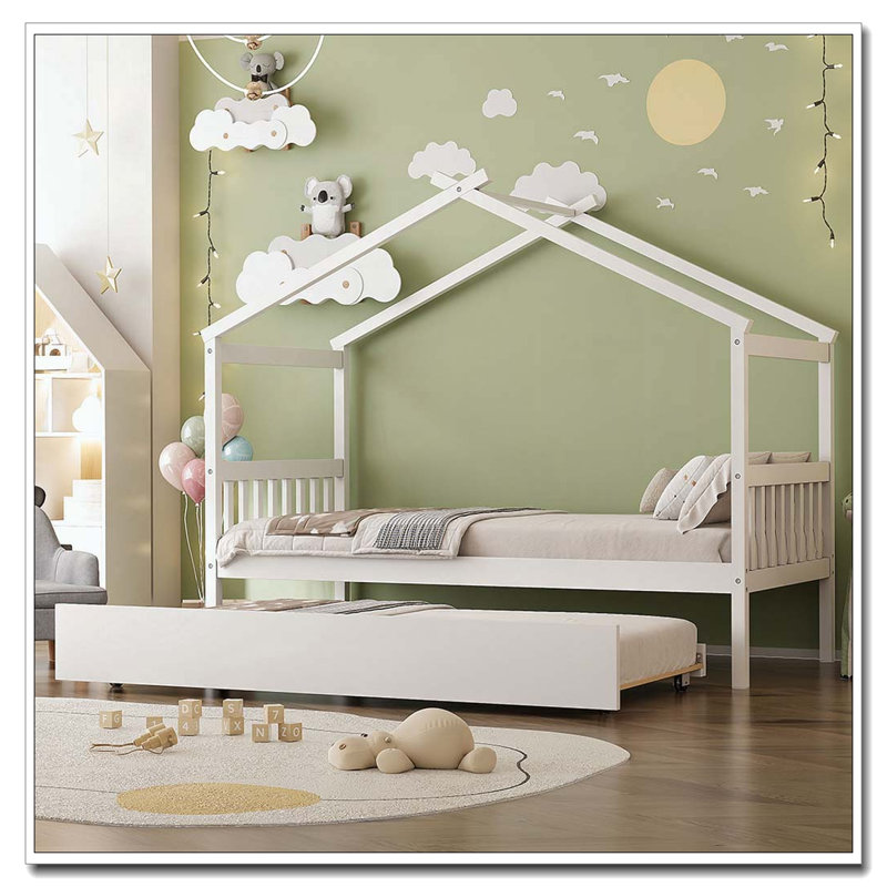 Lit en bois avec lit gigogne simple, Blanc
