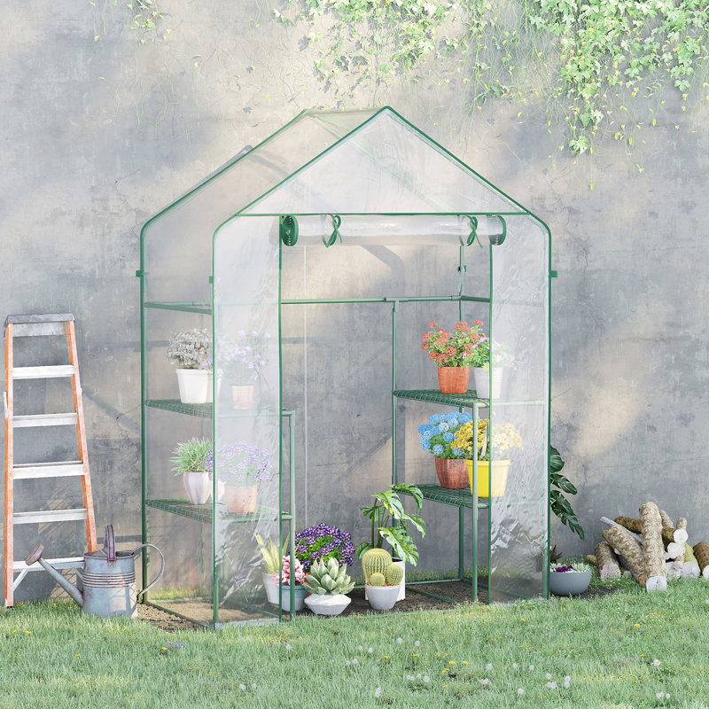 Mini Walk-In Greenhouse Kit, Portable Green House With 3 Tier Shleves, Roll-Up Door, And Weatherized Plastic Cover