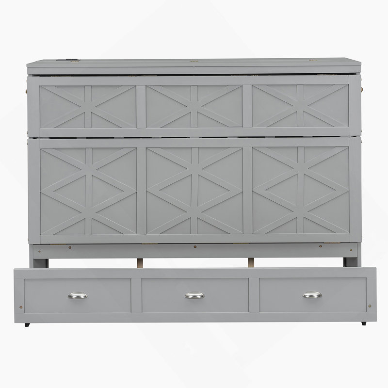 Lit escamotable avec grands tiroirs et port USB, Gris