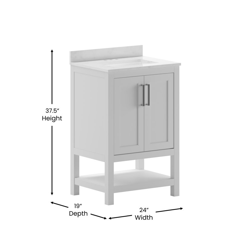 Meuble-lavabo 24 po avec lavabo encastré et tablette de rangement ouverte Canita, Nickel, Blanc