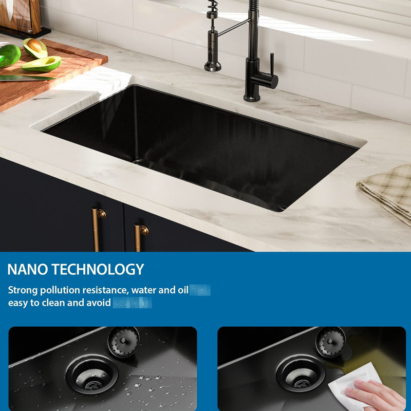 33X19x10 Inch Gunmetal Black Kitchen Sink - 16 Gauge T304 Stainless Steel, Single Bowl With Drain 33"X19"X10" Undermount Assembly