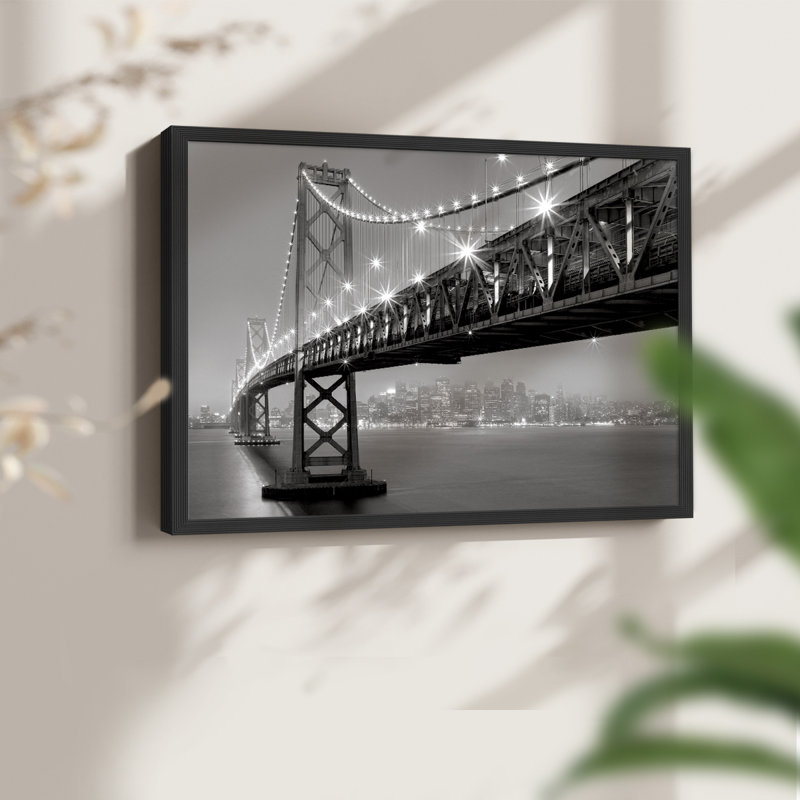 Bay Bridge at Night - Reproduction encadrée - Restickable, H 11 po x l 14 po, Noir, noir, noir, noir