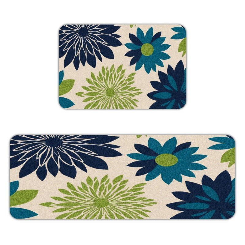 Bold Floral, 2 Pcs Non Slip Kitchen Mats, Green Floral