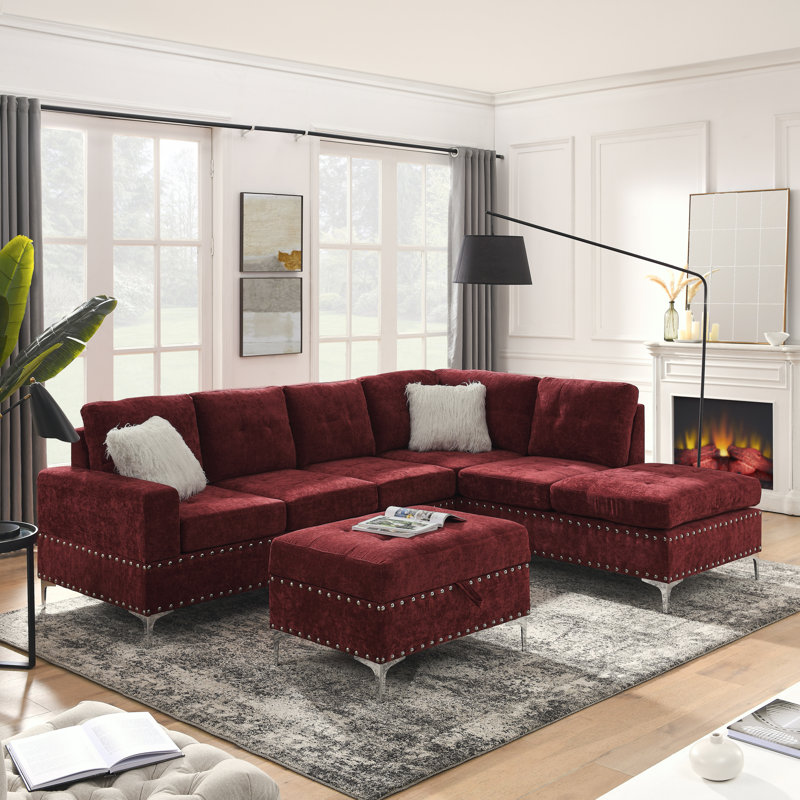 Ilish Upholstered L-Shaped Sectional Reversible, Red Chenille