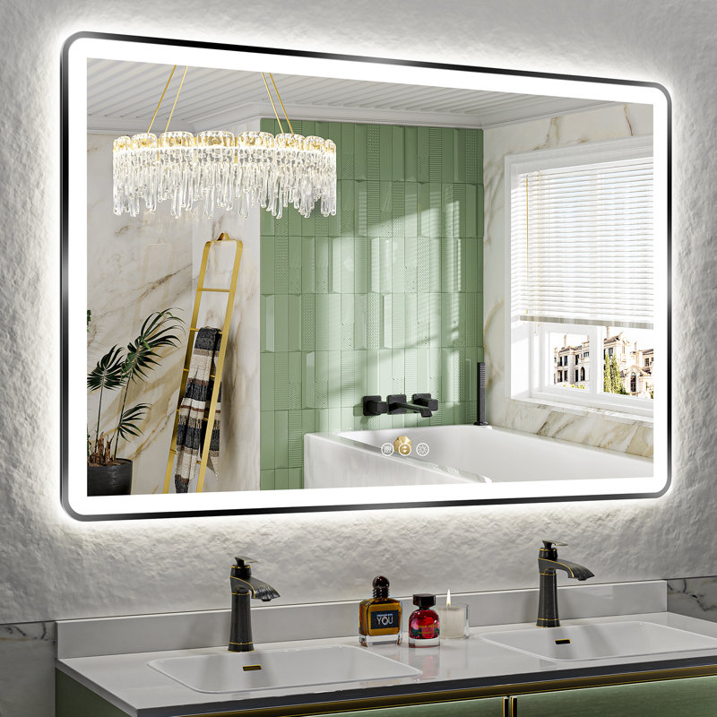 Hyosvany Matte Black Matel Framed LED Vanity Mirror with Front-lit and Back-lit, Memory Function, 3 Color Temperatures, Dimmable Light & Anti-fog Tempered Glass Mirror