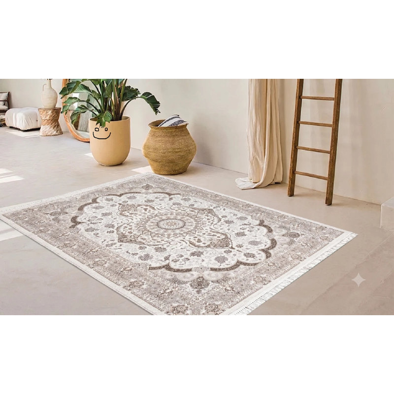 Floral Flokati Area Rug, Beige, Rectangle 80 cm x 150 cm