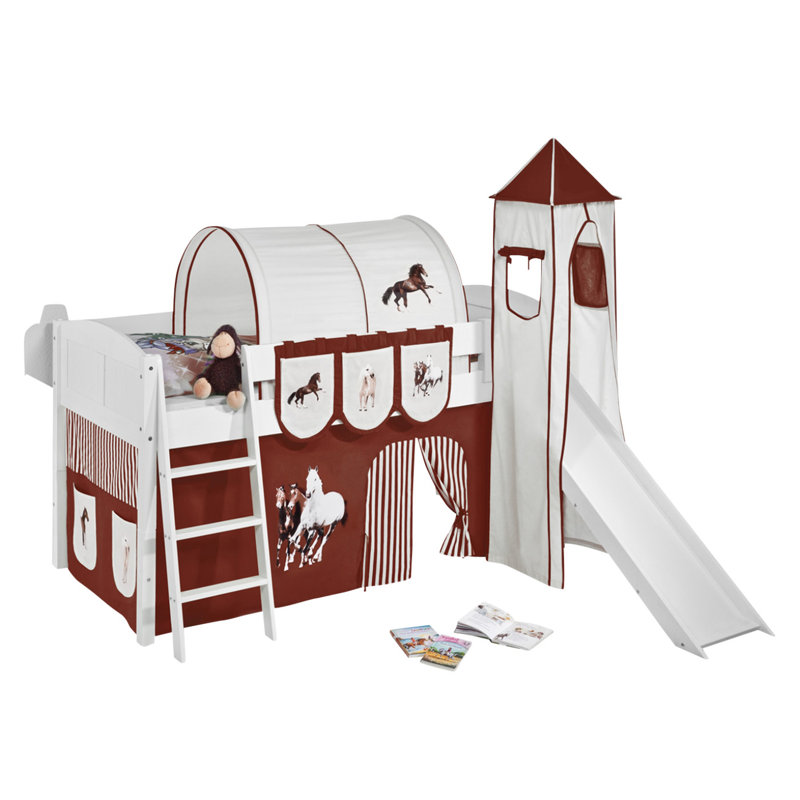PferdeEuropean Single Mid Sleeper Bed With Curtain, Brown and beige