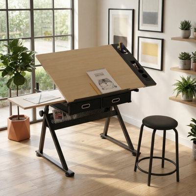 adjustable drawing drafting table desk with 2 drawers for home office and school with stool(maple)
