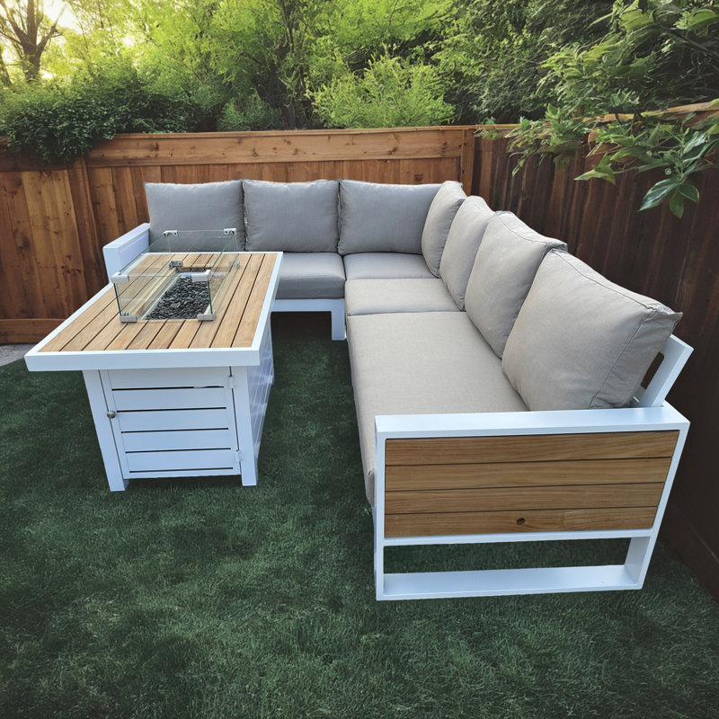 Ensemble de canapé modulaire d'extérieur en aluminium 5 pièces avec coussins et foyer, Blanc, Beige