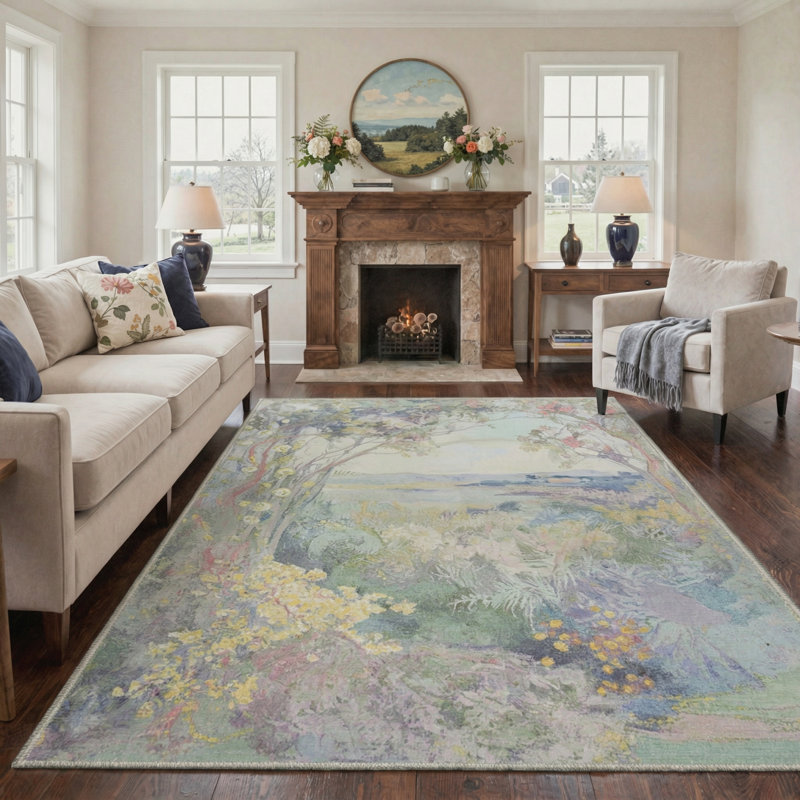 Abshire Impressionist Garden Landscape Machine Washable Green / Yellow / Blue Indoor Area Rug with Non-Slip Backing