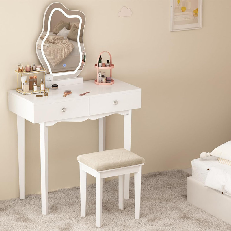 Bureau de coiffeuse avec miroir éclairé et 2 tiroirs