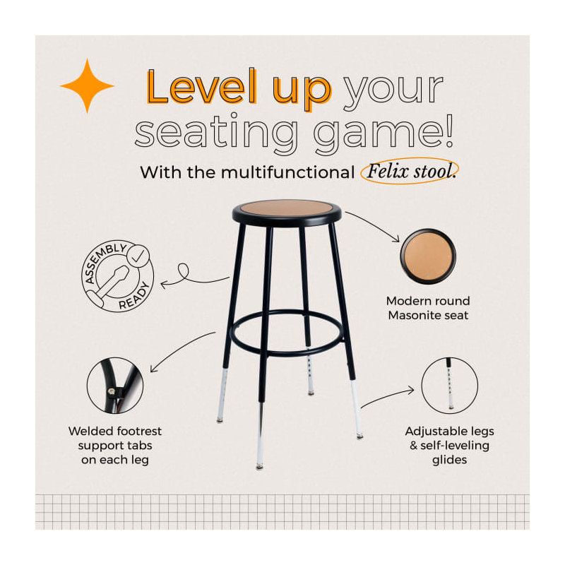 Felix Height Adjustable Steel Stool, Assembly Ready, Bar Stool, Black
