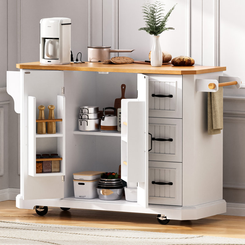 56 Inch Kitchen Island With Rubber Wood Veneer Drop Leaf, Power Outlet, 4 Door Shelves, Embossed Vertical Stripe Rolling Kitchen Cart On 4 Wheels With 6 Deep Drawers For Kitchen, Dining Room,White