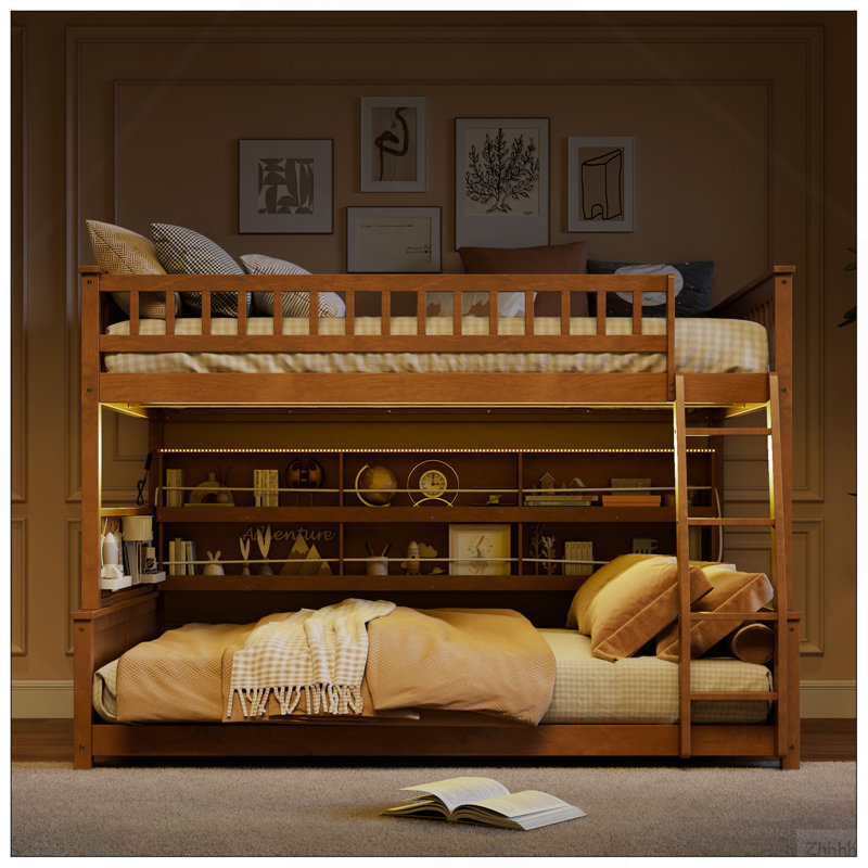 Lit double superposé au-dessus de grand lit double avec tablettes intégrées, lumières à changement de couleur et panneau perforé, brun