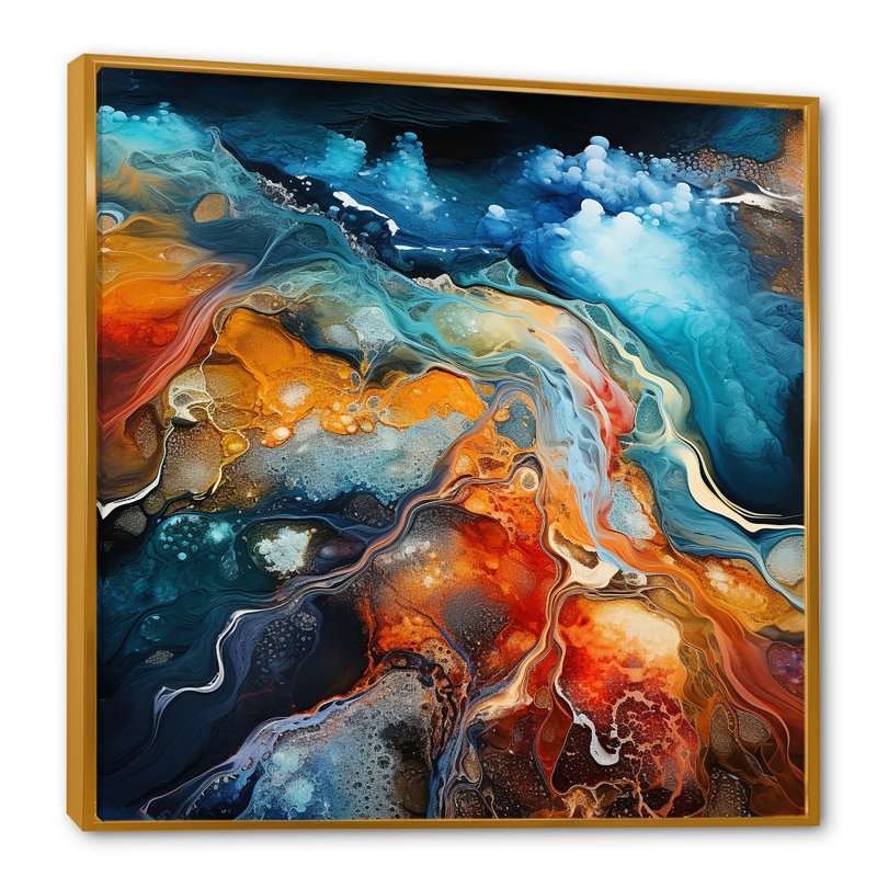 Art mural bleu et brun avec art géométrique liquide - formes abstraites, salon, Cadre flottant doré