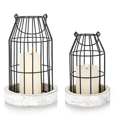Paquet de 2 porte-bougies de style campagnard en fil métallique, lanternes de style rétro avec base en bois patiné, décoration de manteau de table rustique pour l'intérieur et l'extérieur, blanc