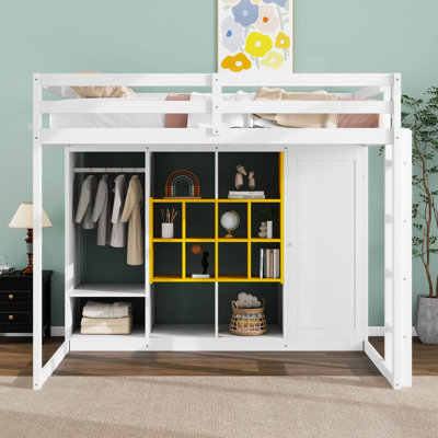 Full Size Wood Loft Bed With Wardrobe, Shelves And Cabinet, Reversible Ladder, Multi-Layer Shelving & Full Guardrails