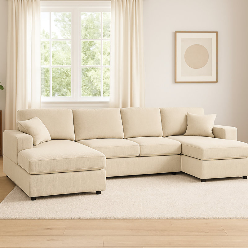 Corduroy 4 - Seat Double Chaise Sectional, Engineered Wood Frame, Streamlined Design, And U Shaped Arrangement For Gathering 3 Piece 4, Square Arms, Low Profile Removable Cushion Covers
