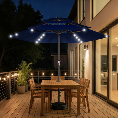 9ft All-Steel Solar LED 3-Tier Patio Umbrella with Crank Lift System & 6 Sturdy Ribs Waterproof, Patio Table Umbrella Perfect for Poolside, Terrace, Beach and Outdoor Restaurant, Navy