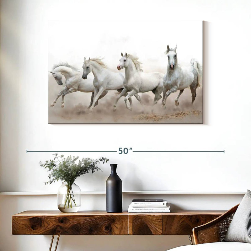 Brampt, chevaux arabes blancs, H 26 po x l 39 po