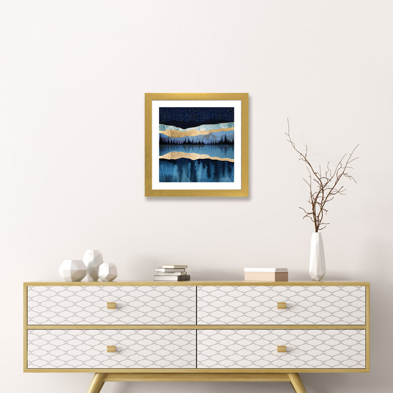 Lac de minuit - imprimé, Encadré en papier doré, H 16 po x l 16 po x p 1 po