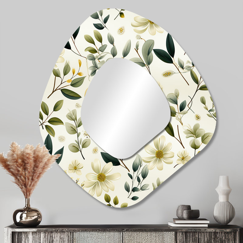 Botanical Neutrals Boho Pattern II - Boho Irregular Shape Decorative Mirror, Bohemian Asymmetrical Wall Mirror, Printed Metal Art