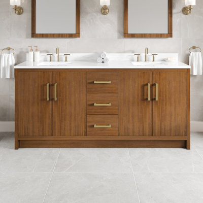 Meuble-lavabo double Nora 72 po en noyer avec comptoir en pierre reconstituée Arabescato et lavabos encastrés en porcelaine