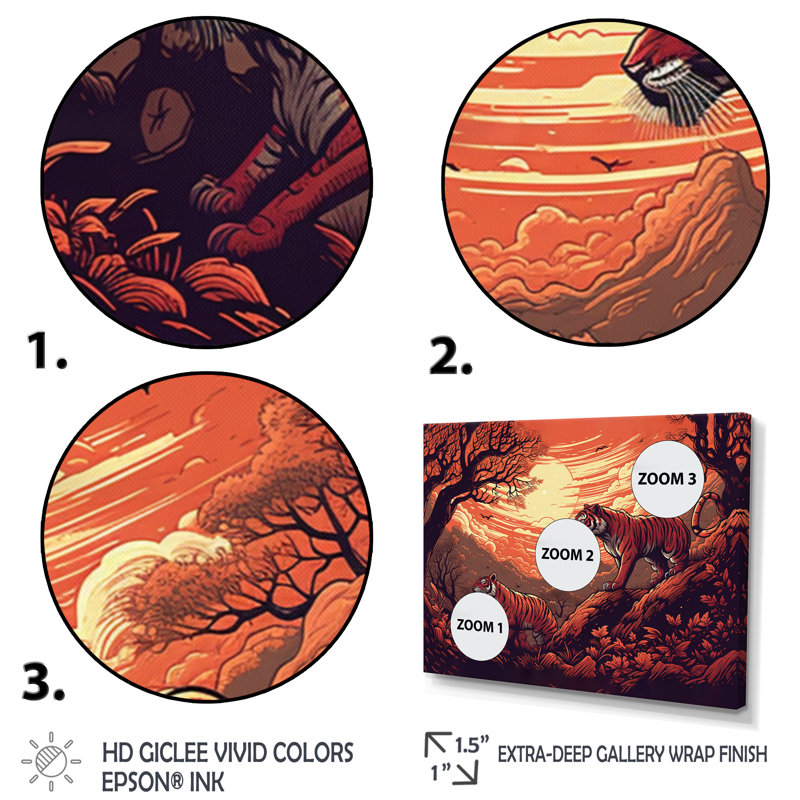 Orange et noir «Clash of Tigers II» sur toile, H 16 po x l 32 po x P 1 po, Cadre flottant doré