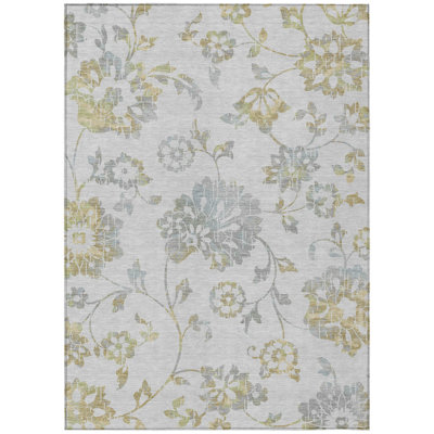 5' X 8' Silver Gray And Gold Floral Washable Indoor Outdoor Area Rug