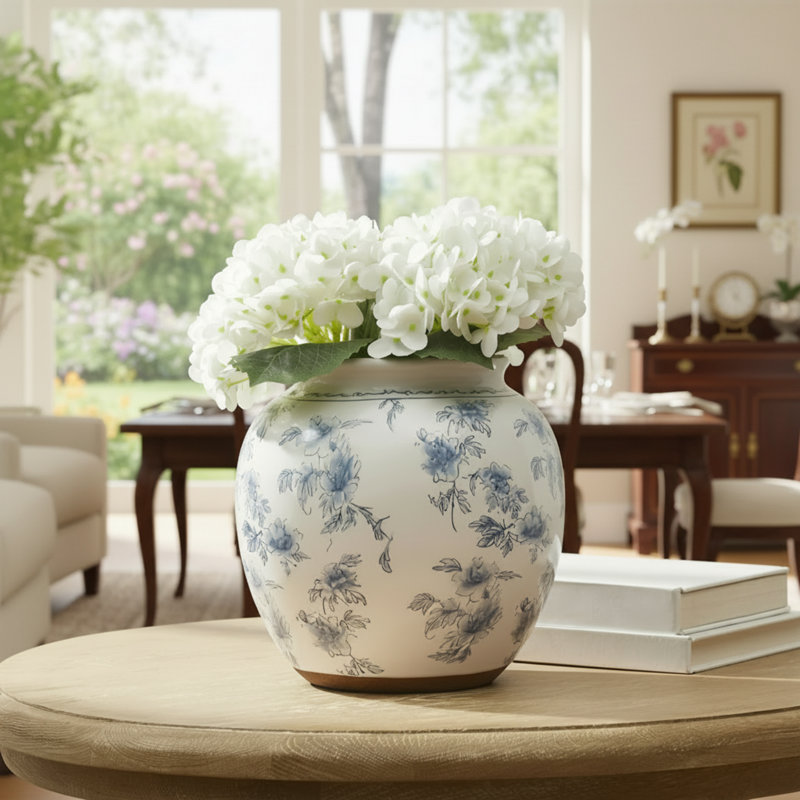 Un choix idéal pour les arrangements floraux de bureau: un vase rond en céramique bleu de 8 pouces avec des motifs floraux.