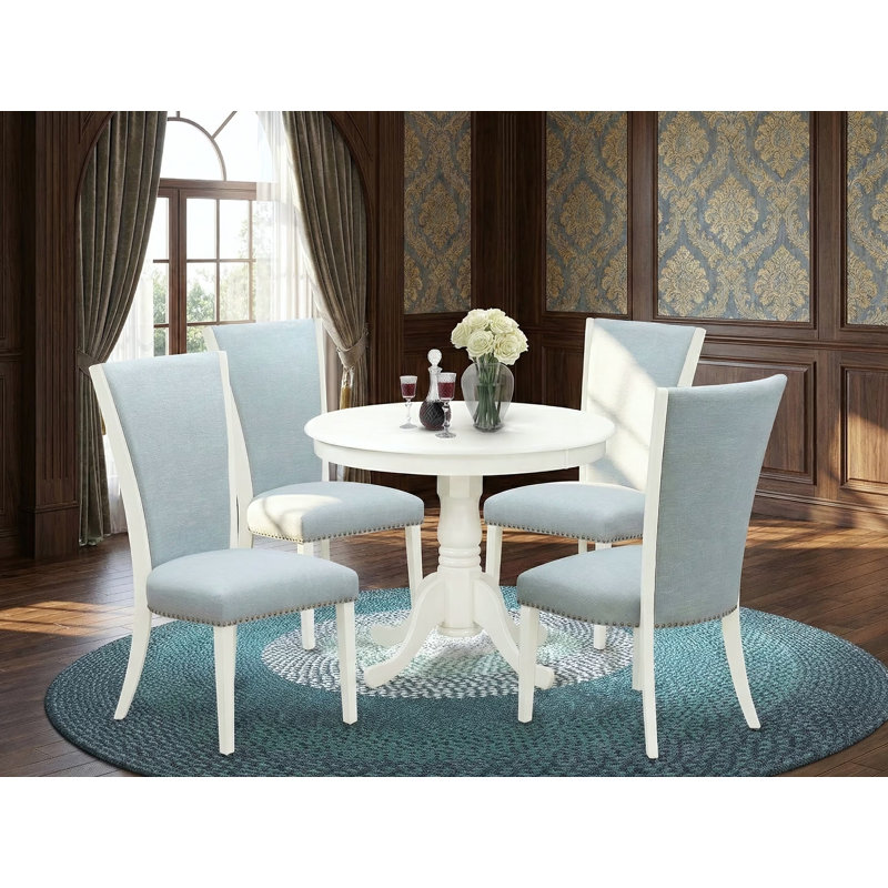 5 Piece Dining Room Furniture Set Includes a Round Kitchen Table with Pedestal and 4 Baby Blue Linen Fabric Parson Dining Chairs, Linen White